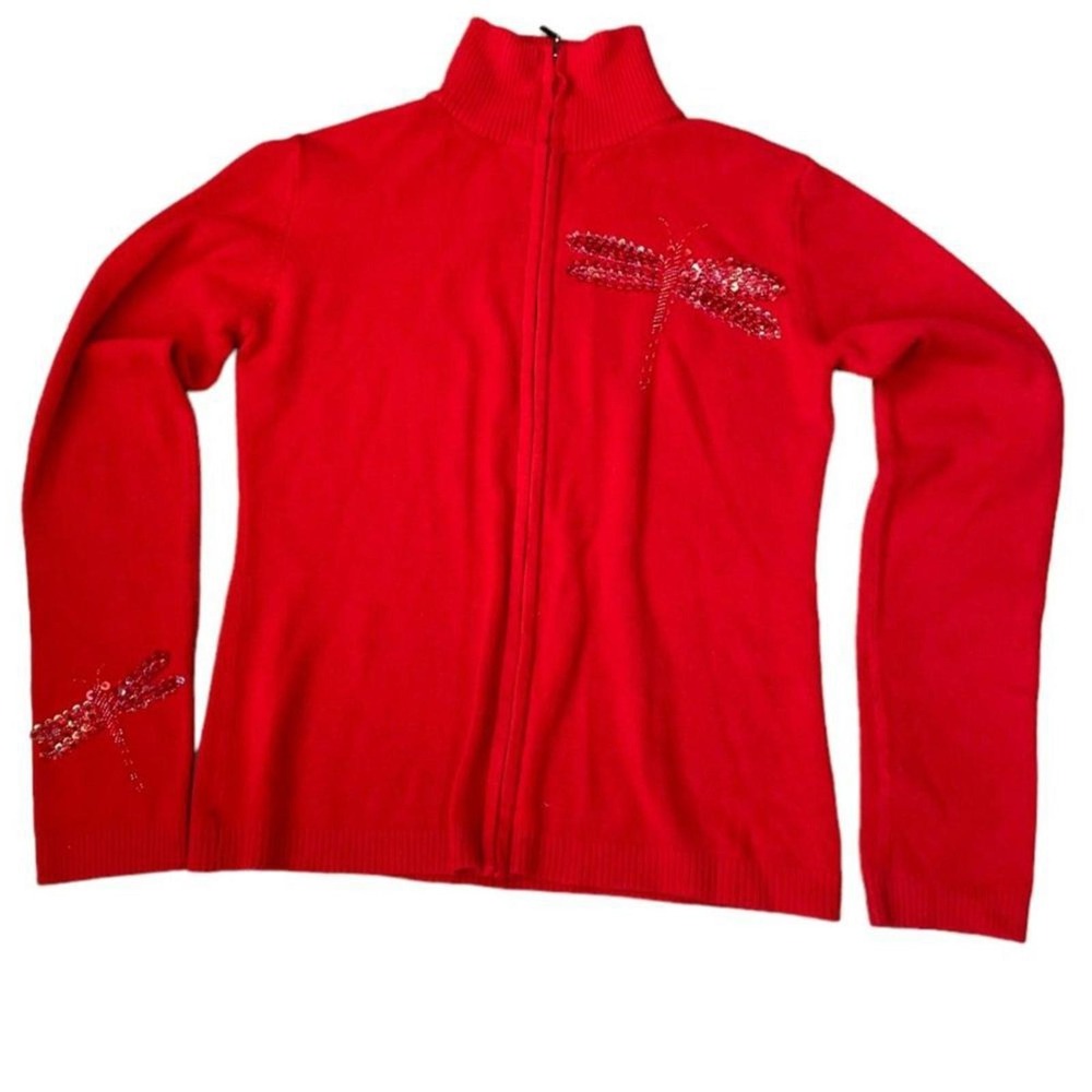 Cusco‎ Barcelona Wool blend Red beaded dragonfly zip up cardigan size M